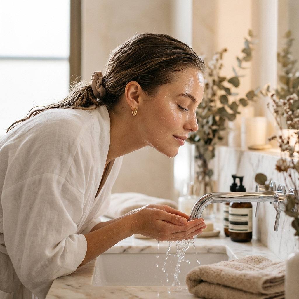 Woman washing face gently
